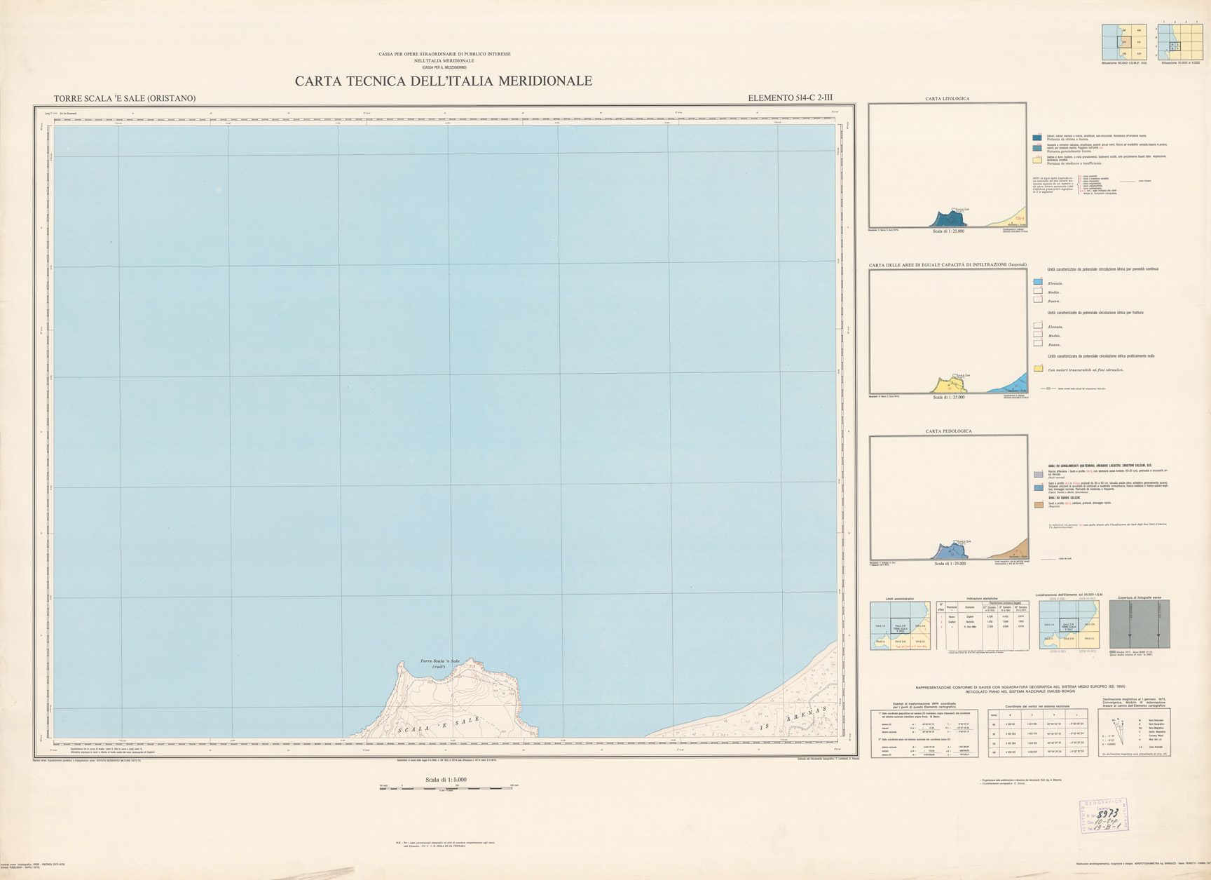 (N:6125) CARTA TECNICA DELL'ITALIA MERIDIONALE - INIZIO DEI RILIEVI SARDEGNA PER CONTO DELLA CASSA PER IL MEZZOGIORNO - Elemento 514-C2-III - Torre Scala 'E Sale (Oristano) (B0005048) Carte e stampe antiche: riproduzione a colori su carta (formato A1)