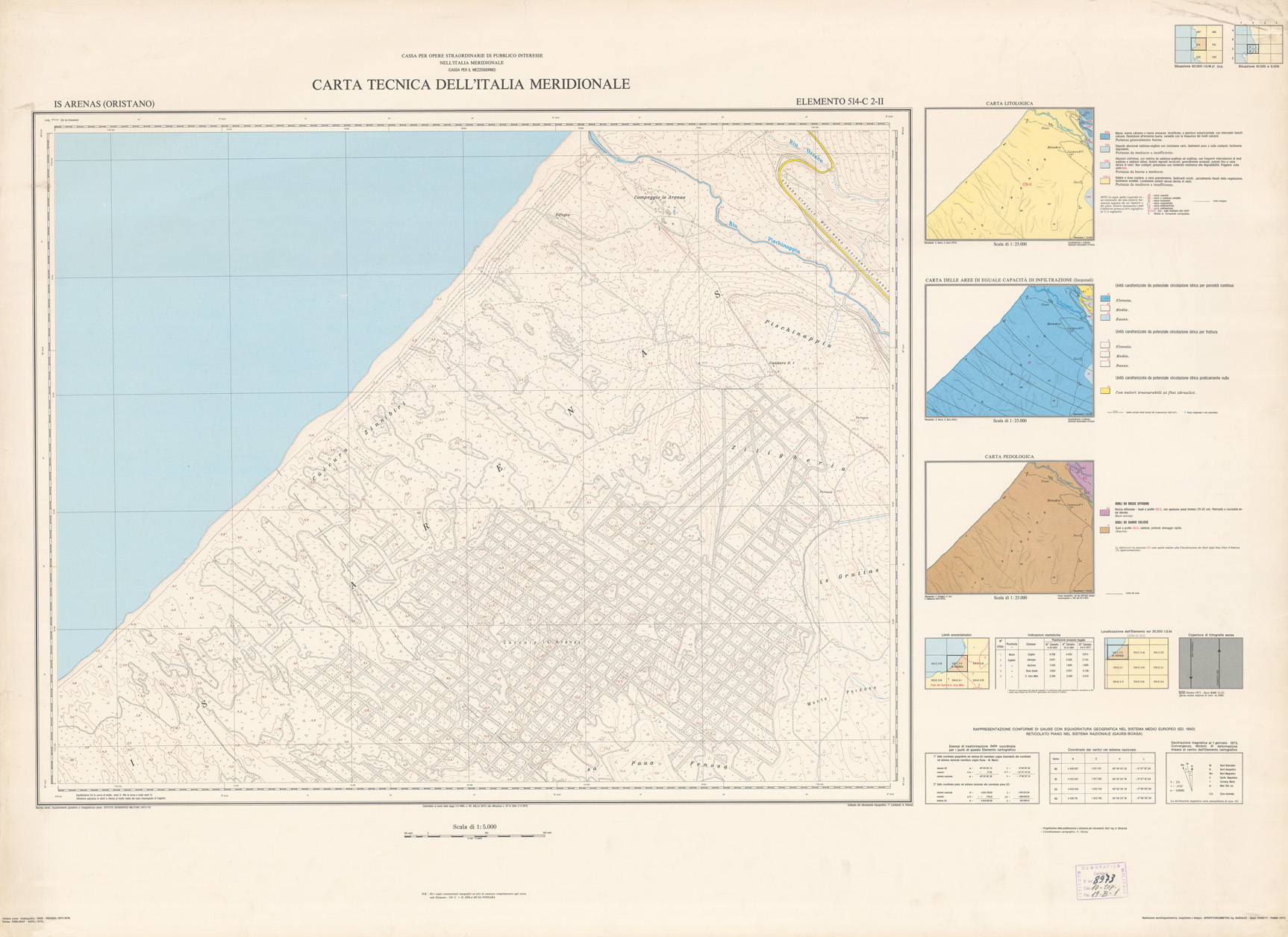(N:5975) CARTA TECNICA DELL'ITALIA MERIDIONALE - INIZIO DEI RILIEVI SARDEGNA PER CONTO DELLA CASSA PER IL MEZZOGIORNO - Elemento 514-C2-II - Is Arenas (Oristano) (B0005050) Carte e stampe antiche: riproduzione a colori su carta (formato A1)