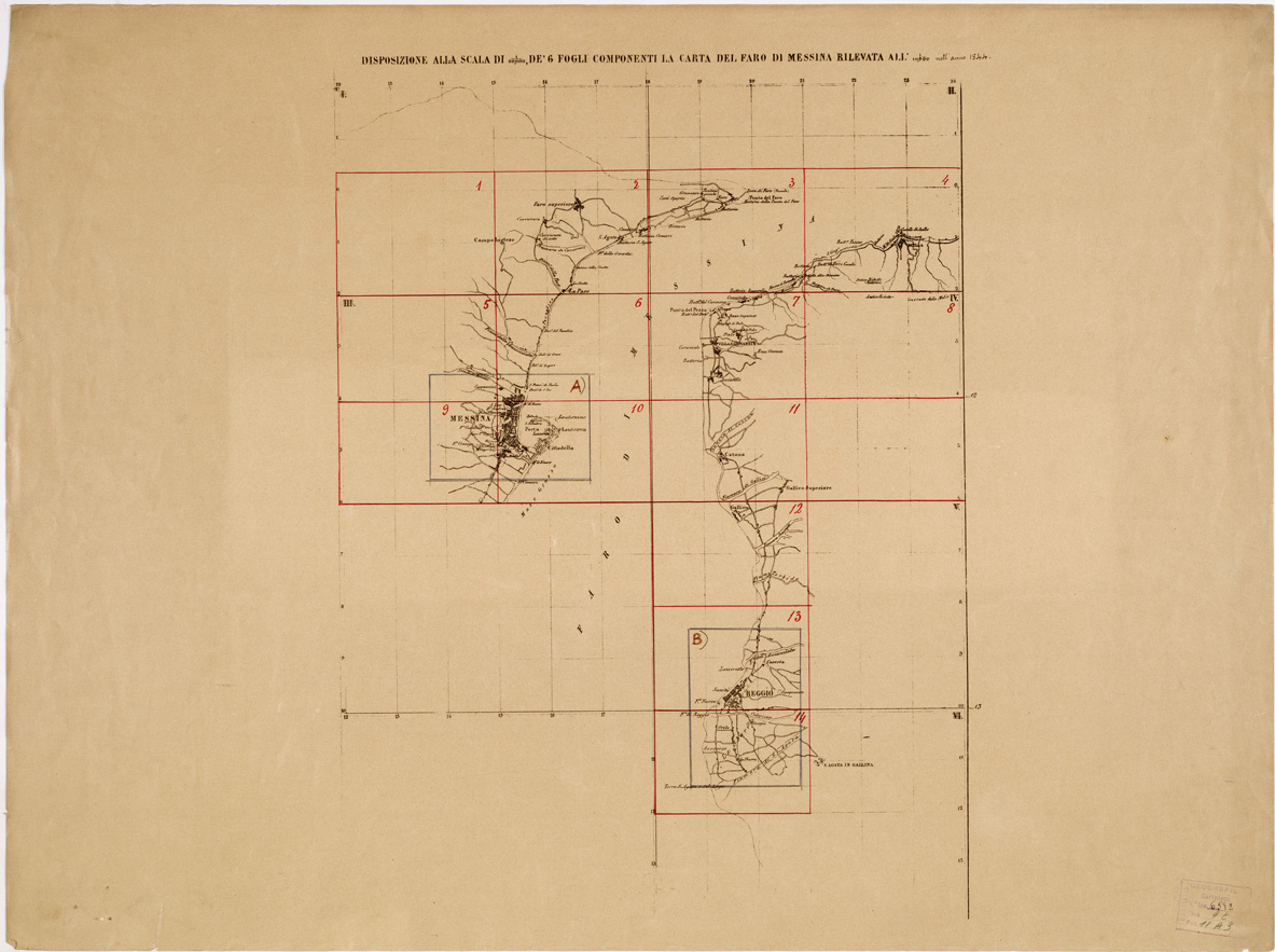 (N:6562) CARTA TOPOGRAFICA DEL FARO DI MESSINA ESEGUITA NEL 1844 - Quadro d'unione (B0005184) Carte e stampe antiche: riproduzione a colori su carta (formato A1)