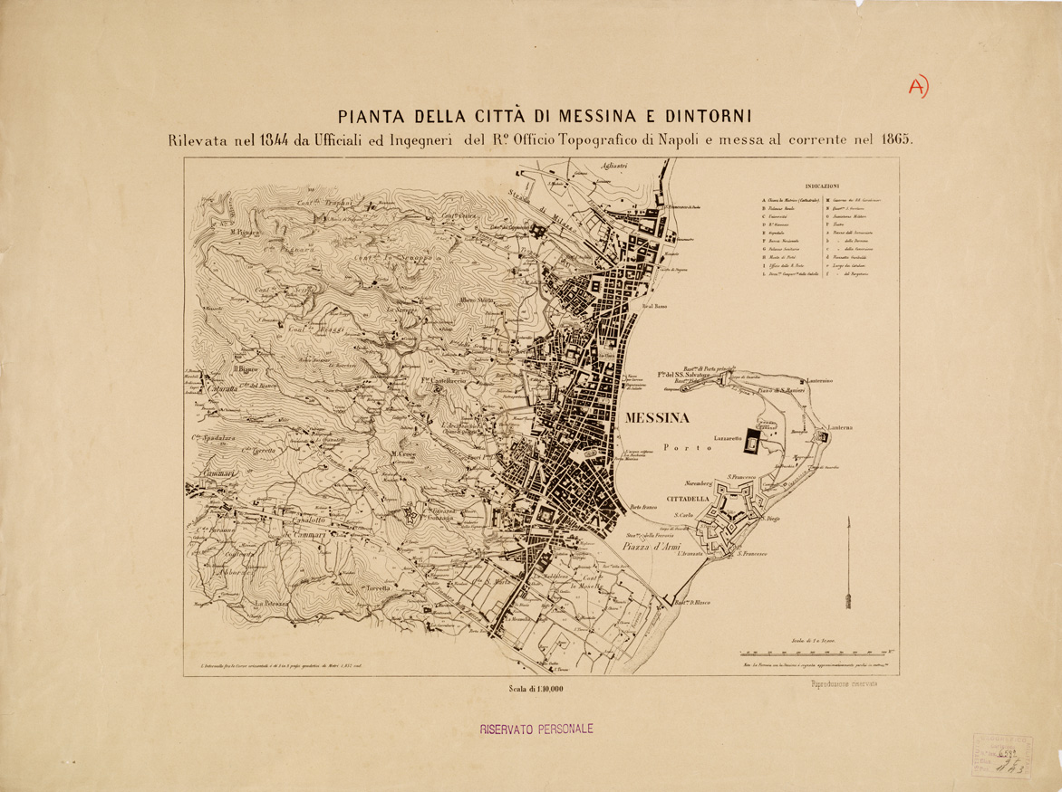 (N:6560) CARTA TOPOGRAFICA DEL FARO DI MESSINA ESEGUITA NEL 1844 - Foglio A (B0005186) Carte e stampe antiche: riproduzione a colori su carta (formato A1)