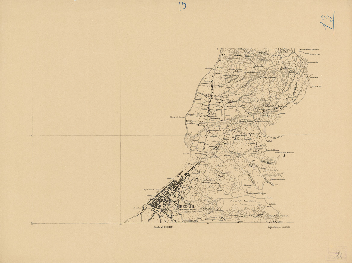 (N:6550) CARTA TOPOGRAFICA DEL FARO DI MESSINA ESEGUITA NEL 1844 - Foglio 13 (B0005200) Carte e stampe antiche: riproduzione a colori su carta (formato A1)