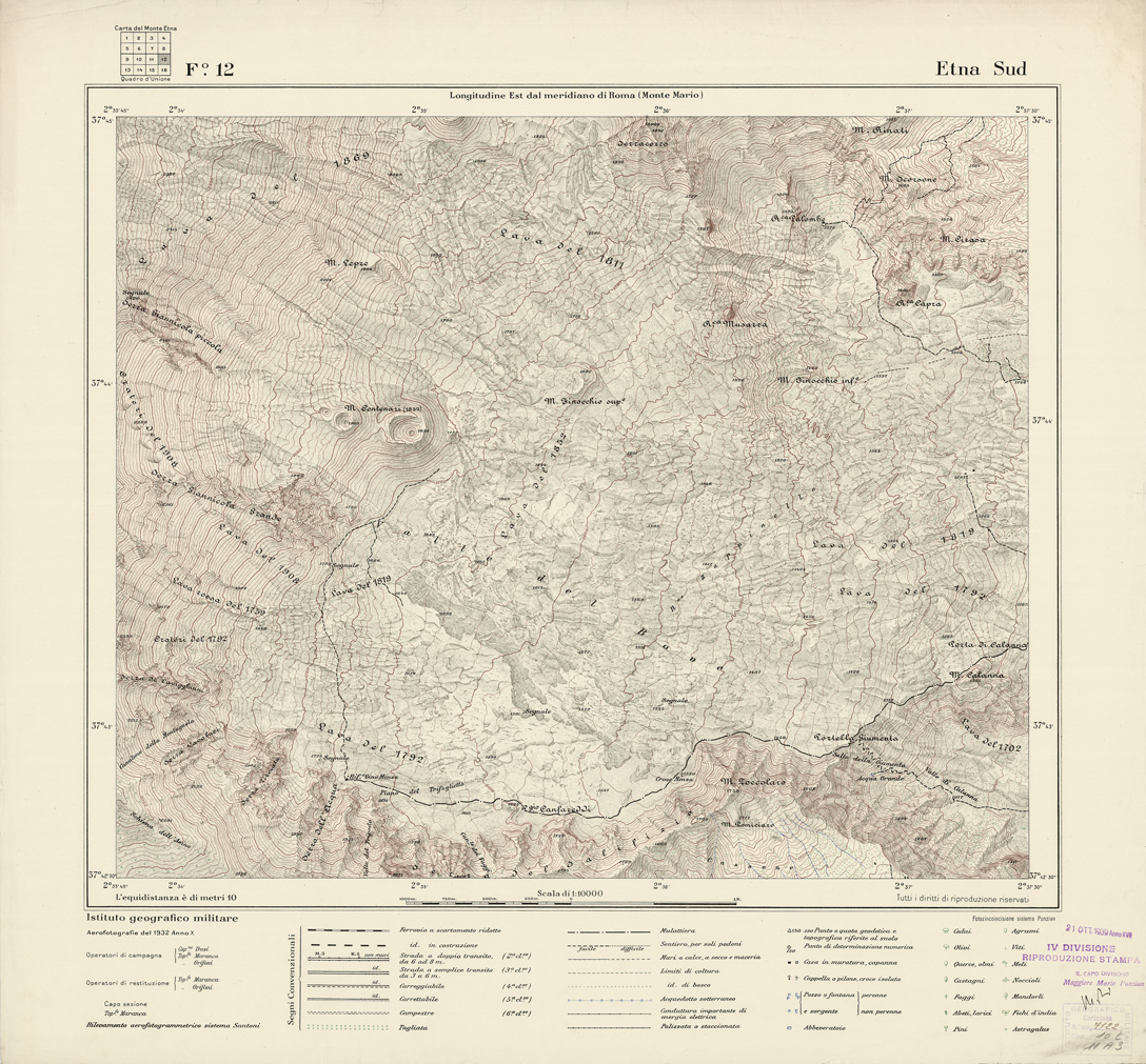 (N:1867) CARTA DEL MONTE ETNA - Foglio 12 - Etna Sud (B0005220) Carte e stampe antiche: riproduzione a colori su carta (formato A1)