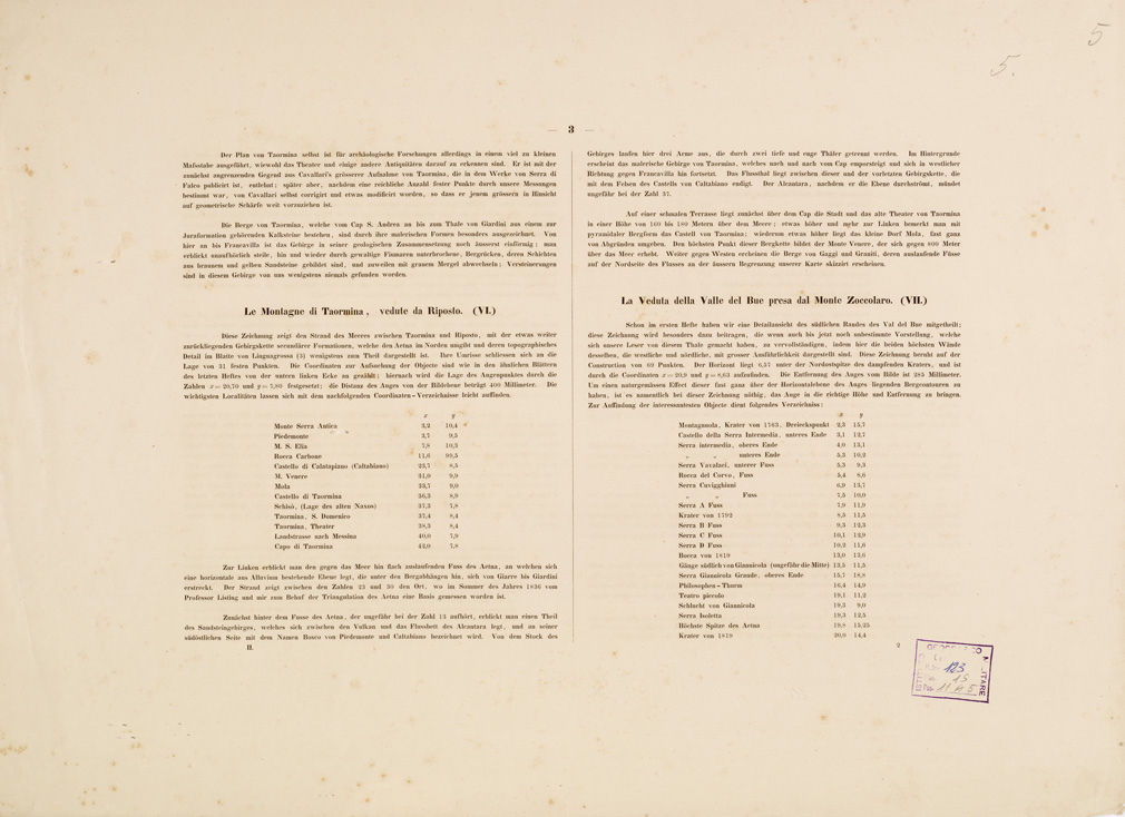 (N:223) I. CARTA TOPOGRAFICA DELL'ETNA... - II. CARTA GEOLOGICA DELL'ETNA... - Foglio 5 -Testo (B0005233) Carte e stampe antiche: riproduzione a colori su carta (formato A1)
