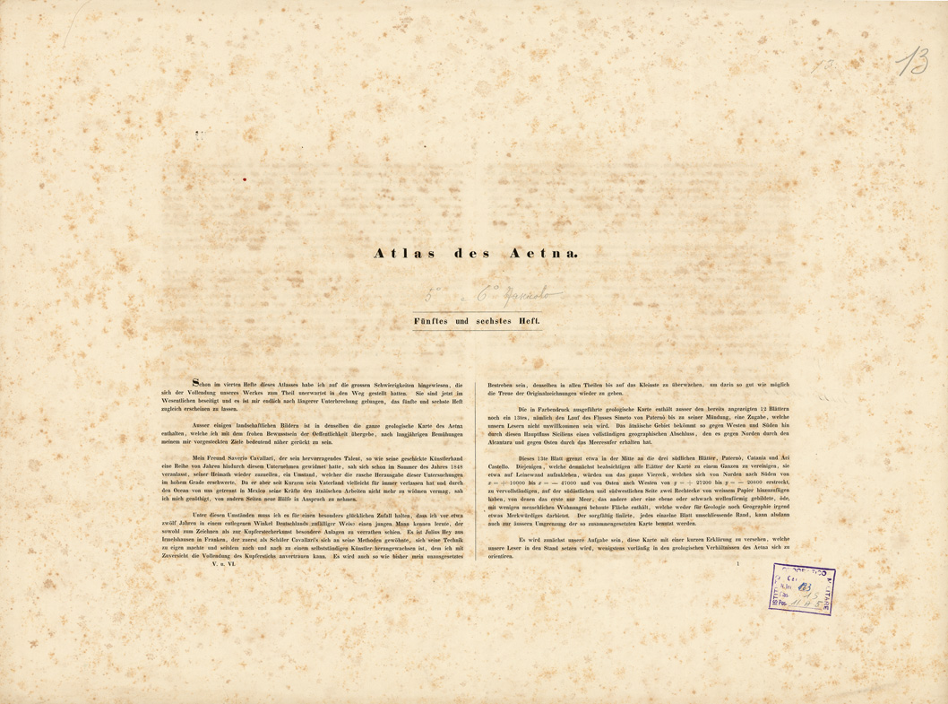 (N:201) I. CARTA TOPOGRAFICA DELL'ETNA... - II. CARTA GEOLOGICA DELL'ETNA... - Foglio 13 -Testo (B0005249) Carte e stampe antiche: riproduzione a colori su carta (formato A1)