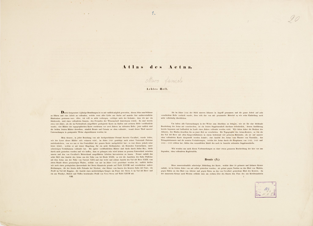 (N:191) I. CARTA TOPOGRAFICA DELL'ETNA... - II. CARTA GEOLOGICA DELL'ETNA... - Foglio 20 -Testo (B0005263) Carte e stampe antiche: riproduzione a colori su carta (formato A1)