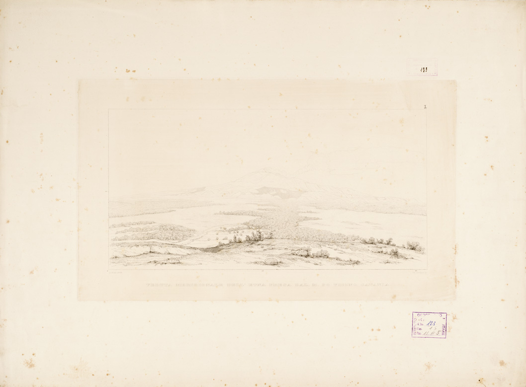 (N:271) I. CARTA TOPOGRAFICA DELL'ETNA... - II. CARTA GEOLOGICA DELL'ETNA... - Veduta I - Veduta meridionale dell'Etna presa dal M. Po vicino Catania (B0005293) Carte e stampe antiche: riproduzione a colori su carta (formato A1)