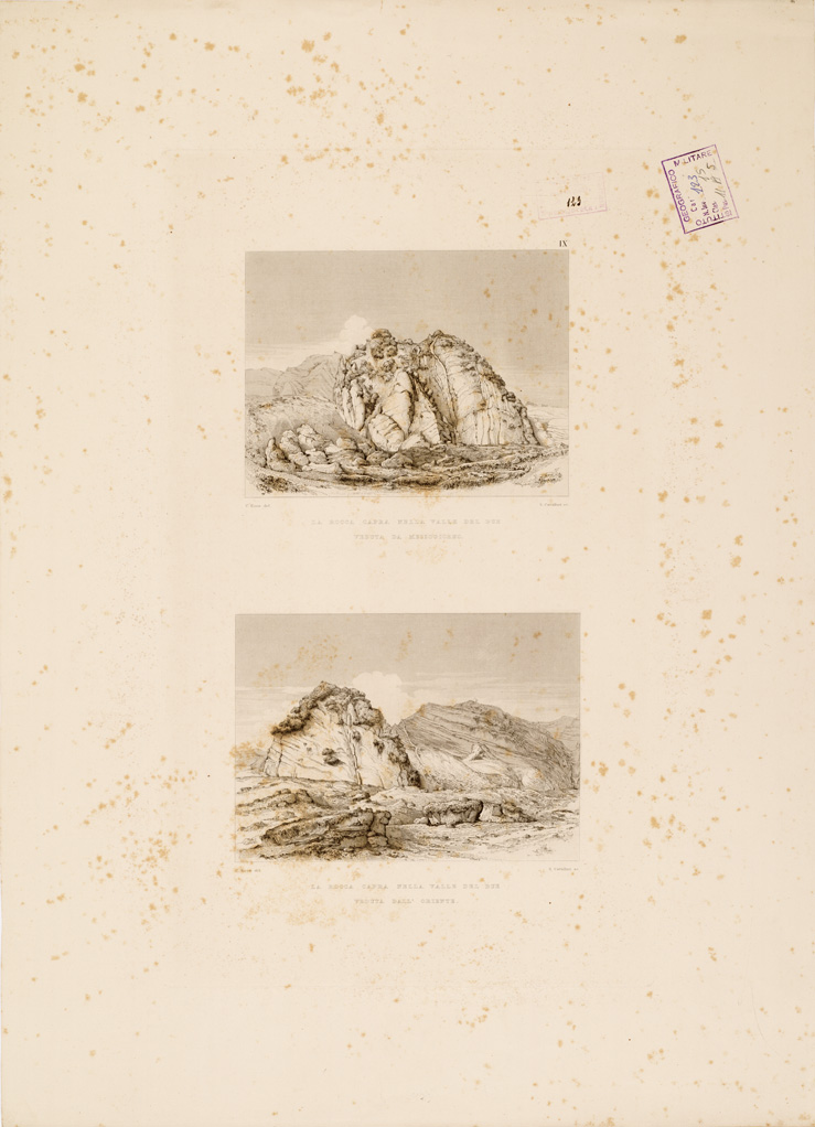 (N:247) I. CARTA TOPOGRAFICA DELL'ETNA... - II. CARTA GEOLOGICA DELL'ETNA... - Veduta IX - La Rocca Capra nella Valle del Bue veduta da mezzogiorno e veduta dall'Oriente (B0005301) Carte e stampe antiche: riproduzione a colori su carta (formato A1)
