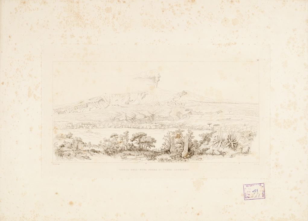 (N:265) I. CARTA TOPOGRAFICA DELL'ETNA... - II. CARTA GEOLOGICA DELL'ETNA... - Veduta XII - Veduta dell'Etna presa di Torre Archirafi (B0005304) Carte e stampe antiche: riproduzione a colori su carta (formato A1)