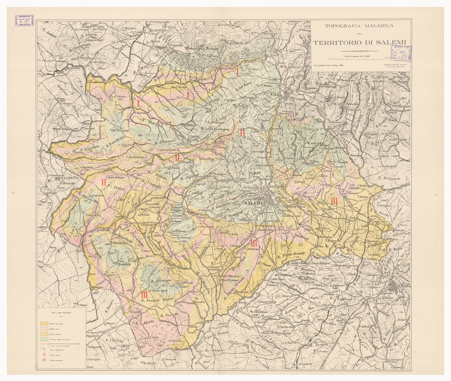 (N:7972) TOPOGRAFIA MALARICA DEL TERRITORIO DI SALEMI. I.G.M. - Trapani (B0005359) Carte e stampe antiche: riproduzione a colori su carta (formato A1)