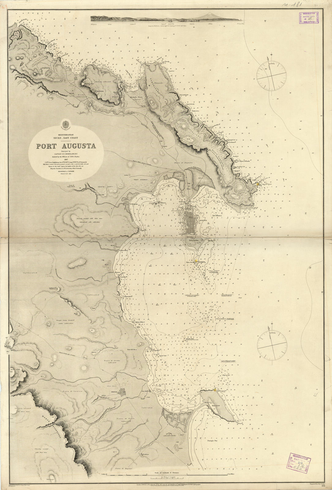 (N:14131) MEDITERRANEAN SICILY EAST COAST, PORT AUGUSTA SURVEYED BY CAPTAIN P.F. SHORTLAND, R. N. ASSISTED BY THE OFFICERS OF H. M. HYDRA (B0005391) Carte e stampe antiche: riproduzione a colori su carta (formato A1)