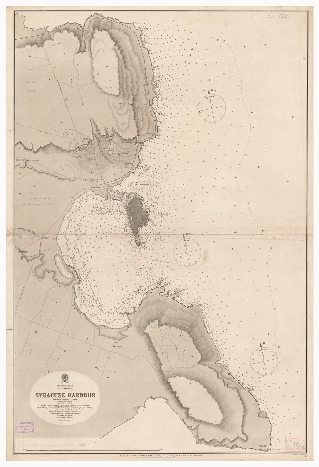 (N:16399) MEDITERRANEAN SICILY EAST COAST, SYRACUSE HARBOUR SURVEYED BY COMMANDER G. S. NARES, AND THE OFFICERS OF H. M. S. NEWPORT 1868. (B0005393) Carte e stampe antiche: riproduzione a colori su carta (formato A1)