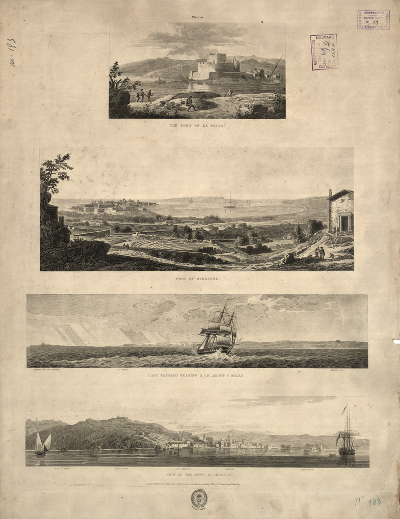 (N:15877) THE PORT OF LA BRUCA, VIEW OF SYRACUSE, CAPE PASSARO BEARING S.S.W. ABOUT 6 MILES, VIEW OF THE TOWN OF ALICATA (B0005395) Carte e stampe antiche: riproduzione a colori su carta (formato A1)