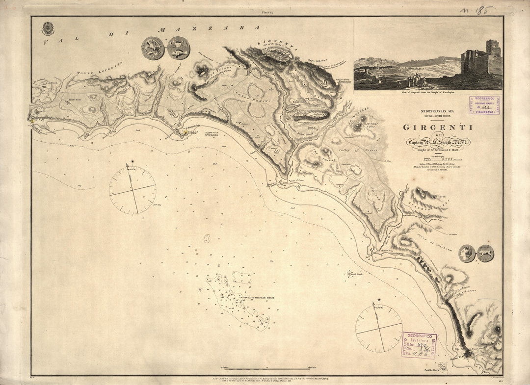 (N:10414) MEDITERRANEAN SEA. SICILY SOUTH COAST. GIRGENTI BY CAPTAIN SMYTH. KNIGHT OF ST. FERDINAND & MERIT. (B0005396) Carte e stampe antiche: riproduzione a colori su carta (formato A1)