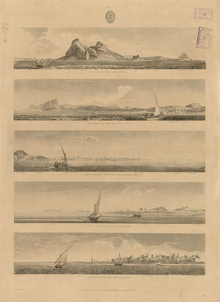 (N:10683) VIEW FROM THE SHOAL OFF S. VITO, VIEW FROM THE SHOAL OFF EMILIA POINT, A VIEW OF TRAPANI TAKEN FROM THE ASINELLO ROCK, VIEW OF MARSALA FROM THE OUTER SHOAL, THE TOWN OF MAZARA FROM THE ROADS (B0005397) Carte e stampe antiche: riproduzione a colori su carta (formato A1)