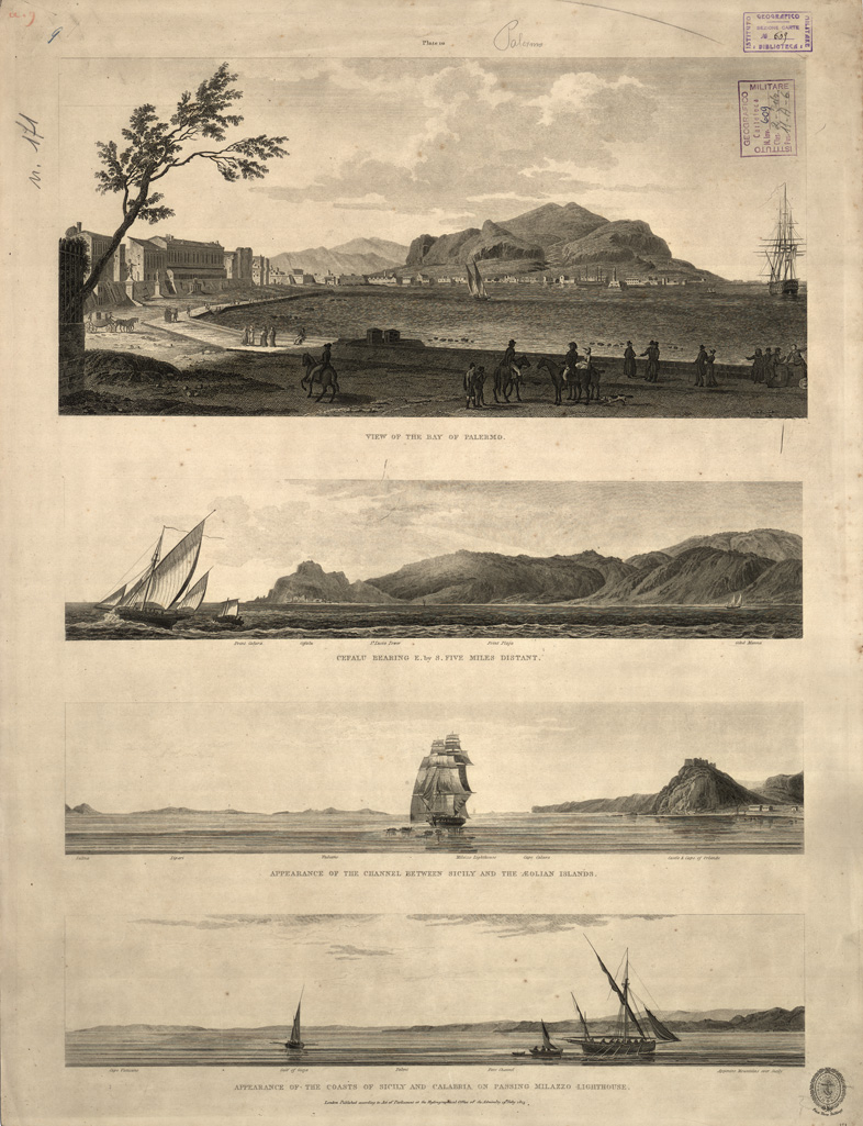 (N:14109) VIEW OF THE BAY OF PALERMO, CEFALU' BEARING E. BY S. FIVE MILES DISTANT, APPEARANCE OF THE CHANNEL BETWEEN SICILY AND THE AEOLIAN ISLAND, APPEARANCE OF THE COASTS OF SICILY AND CALABRIA ON PASSING MILAZZO LIGHTHOUSE (B0005404) Carte e stampe antiche: riproduzione a colori su carta (formato A1)