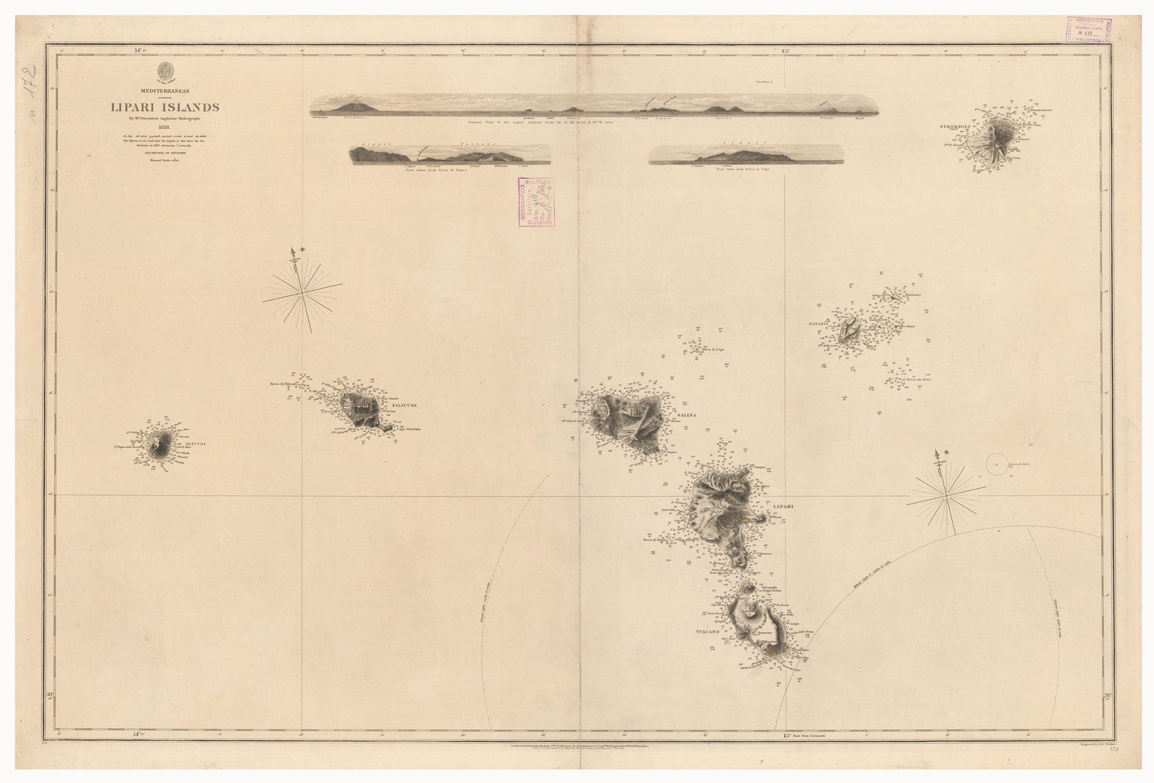 (N:11596) MEDITERRANEAN LIPARI ISLANDS BY MR. DARONDEAU INGENIEUR HYDROGRAPHE (B0005405) Carte e stampe antiche: riproduzione a colori su carta (formato A1)