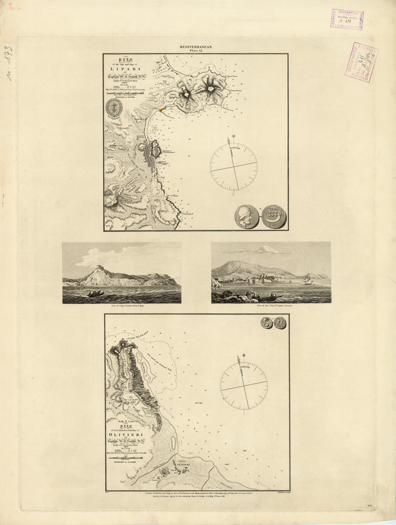 (N:12686) I. PLAN OF THE CITY AND BAY OF LIPARI... 
II. PLAN OF PORT MADONNA & THE BAY OF OLIVIERI... (B0005408) Carte e stampe antiche: riproduzione a colori su carta (formato A1)