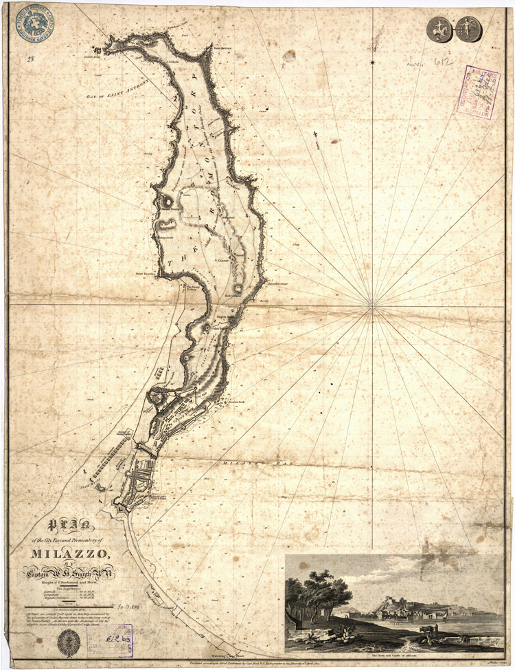(N:14075) PLAN OF THE CITY, BAY AND PROMONTORY OF MILAZZO BY CAPTAIN SMYTH KNIGHT OF ST. FERDINAND AND MERIT. (B0005410) Carte e stampe antiche: riproduzione a colori su carta (formato A1)