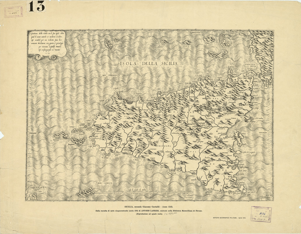 (N:15868) SICILIA SECONDO GIACOMO GASTALDI (B0005427) Carte e stampe antiche: riproduzione a colori su carta (formato A1)