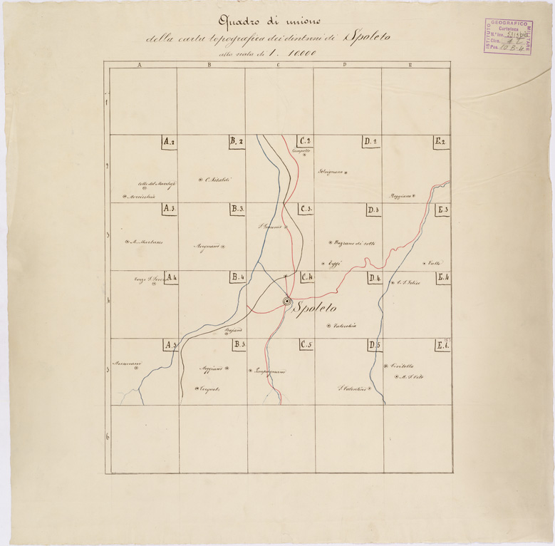 (N:6399) CARTA TOPOGRAFICA DEI DINTORNI DI SPOLETO... - Quadro d'unione (B0005478) Carte e stampe antiche: riproduzione a colori su carta (formato A1)