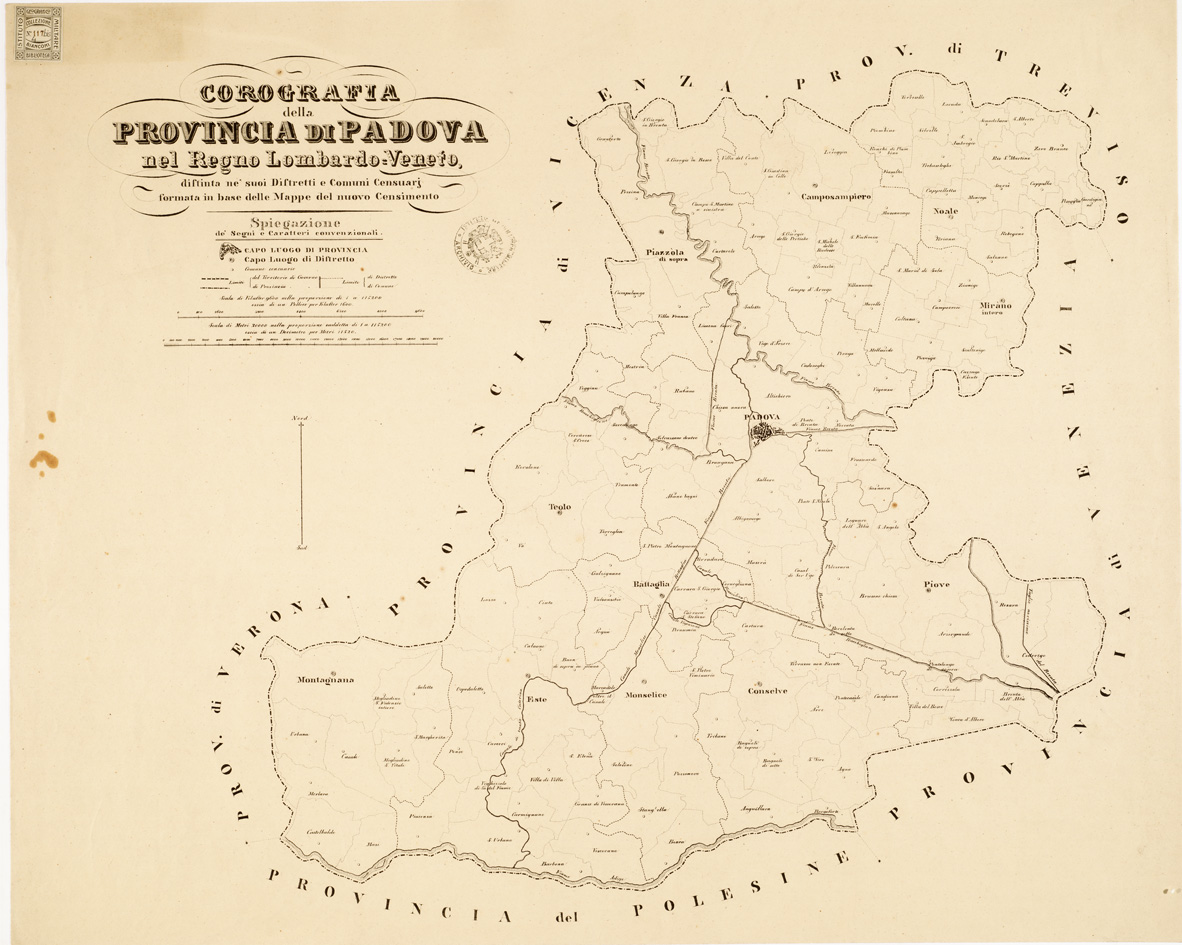 (N:9138) COROGRAFIE DELLE PROVINCIE DEL REGNO LOMBARDO - VENETO OGNUNA DELLE QUALI "DISTINTA NE' SUOI DISTRETTI E COMUNI CENSUARI, FORMATA IN BASE DELLE MAPPE DEL NUOVO CENSIMENTO". - Provincia di Padova - Foglio 4 (B0005586) Carte e stampe antiche: riproduzione a colori su carta (formato A1)