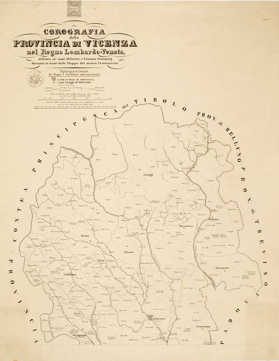 (N:9142) COROGRAFIE DELLE PROVINCIE DEL REGNO LOMBARDO - VENETO OGNUNA DELLE QUALI "DISTINTA NE' SUOI DISTRETTI E COMUNI CENSUARI, FORMATA IN BASE DELLE MAPPE DEL NUOVO CENSIMENTO". - Provincia di Vicenza - Foglio 1(1) (B0005591) Carte e stampe antiche: riproduzione a colori su carta (formato A1)