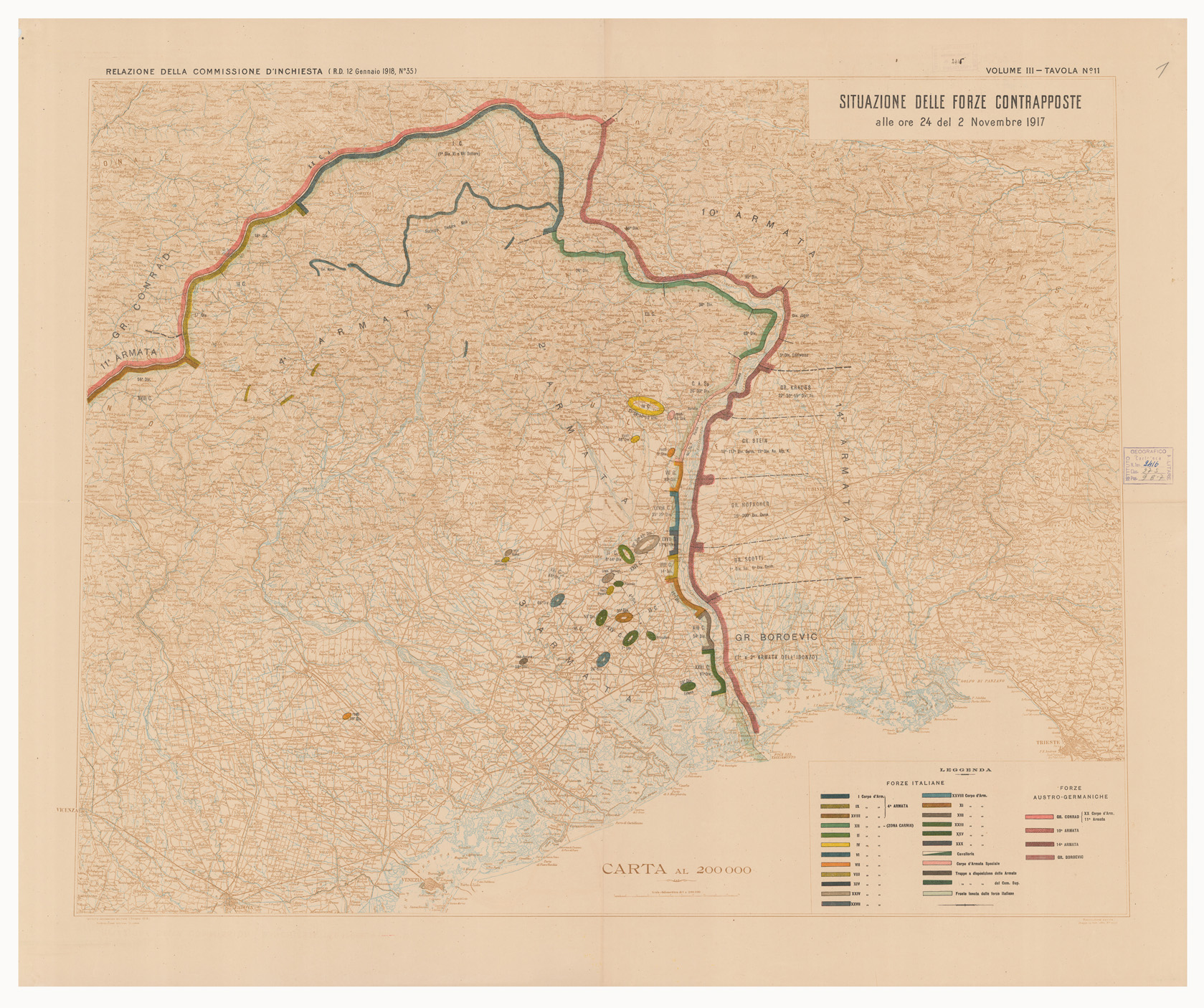 (N:15884) SITUAZIONE DELLE FORZE CONTRAPPOSTE DAL 23 OTTOBRE AL 9 NOVEMBRE DEL 1917 - Volume III Tavola 11 (B0005613) Carte e stampe antiche: riproduzione a colori su carta (formato A1)