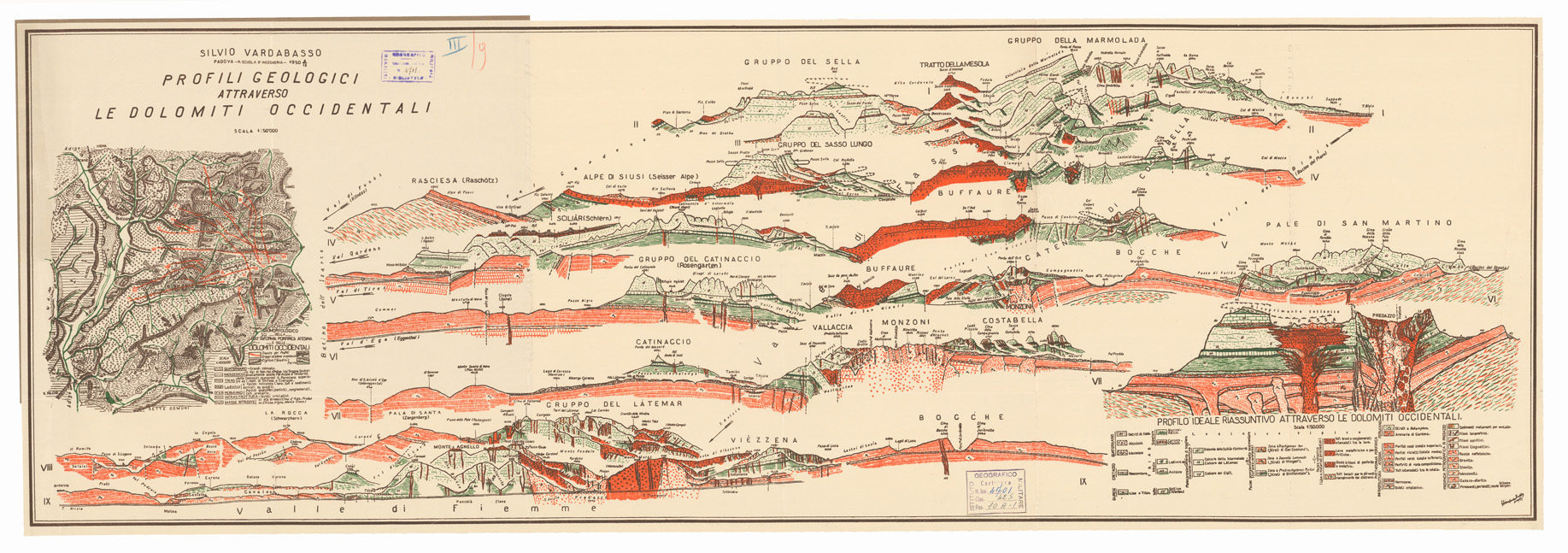 (N:14225) PROFILI GEOLOGICI ATTRAVERSO LE DOLOMITI OCCIDENTALI (B0005686) Carte e stampe antiche: riproduzione a colori su carta (formato A1)
