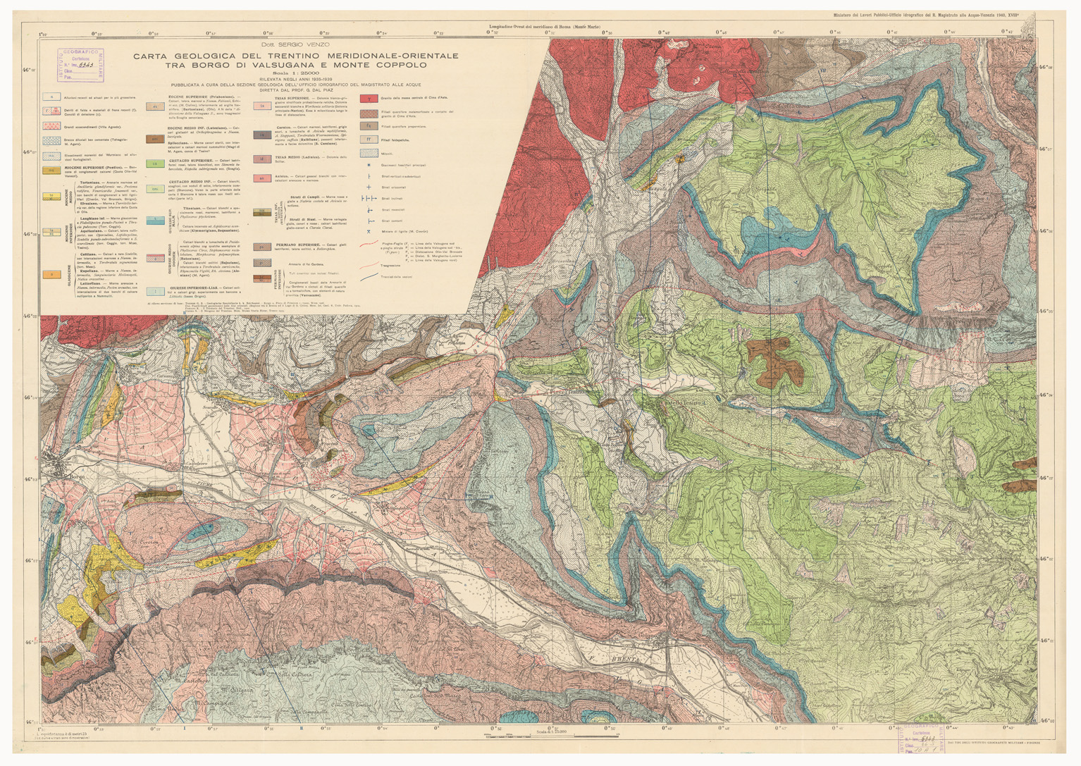 (N:5070) CARTA GEOLOGICA DEL TRENTINO MERIDIONALE - ORIENTALE TRA BORGO DI VALSUGANA E MONTE COPPOLO (B0005691) Carte e stampe antiche: riproduzione a colori su carta (formato A1)