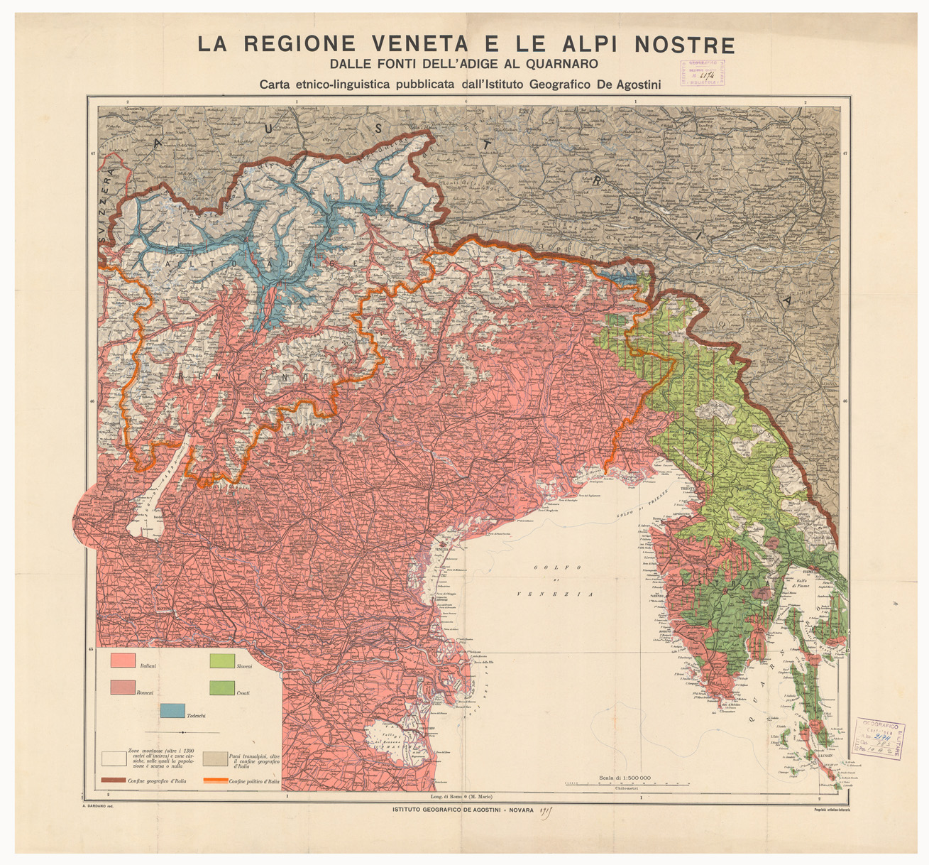 (N:11284) LA REGIONE VENETA E LE ALPI NOSTRE - DALL'ADIGE AL QUARNARO - CARTA ETNICO LINGUISTICA 1a edizione pi libretto esplicativo (B0005934, B0005936, B0005937) Carte e stampe antiche: riproduzione a colori su carta (formato A1)