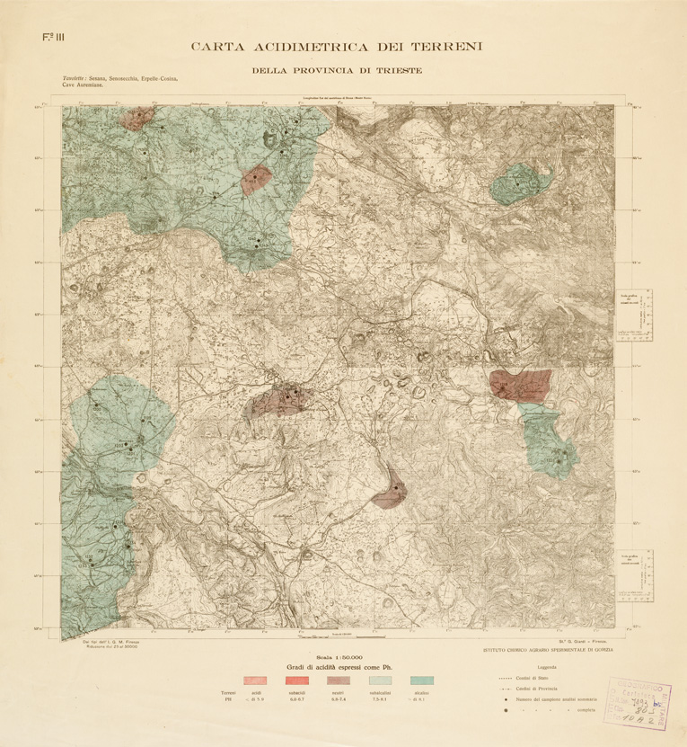 (N:534) CARTA ACIDIMETRICA DEI TERRITORI DELLA PROV. DI TRIESTE E DI GORIZIA - Foglio III (B0005957) Carte e stampe antiche: riproduzione a colori su carta (formato A1)