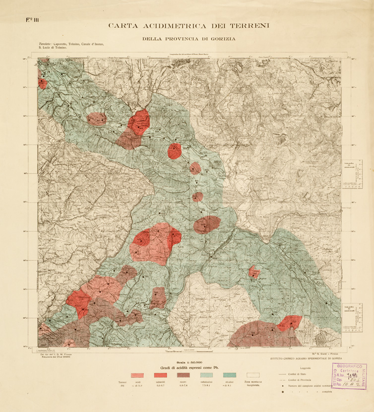 (N:537) CARTA ACIDIMETRICA DEI TERRITORI DELLA PROV. DI TRIESTE E DI GORIZIA - Foglio III (B0005960) Carte e stampe antiche: riproduzione a colori su carta (formato A1)