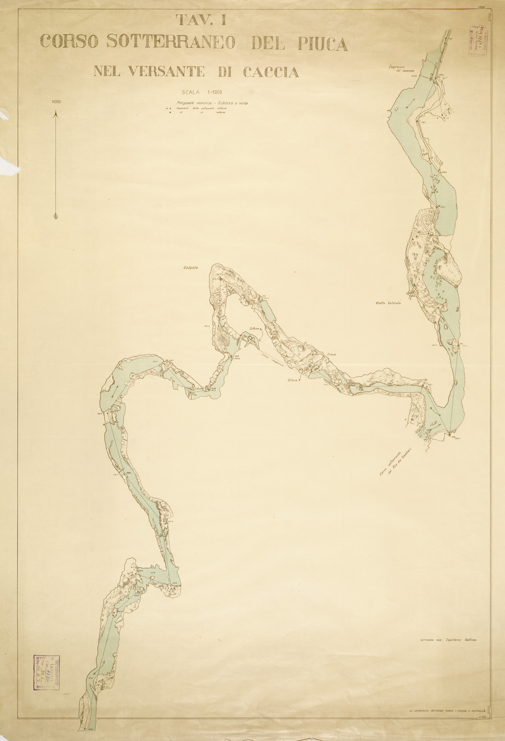 (N:9209) CORSO SOTTERRANEO DEL PIUCA DEL VERSANTE DI CACCIA - Tavola I (B0006019) Carte e stampe antiche: riproduzione a colori su carta (formato A1)