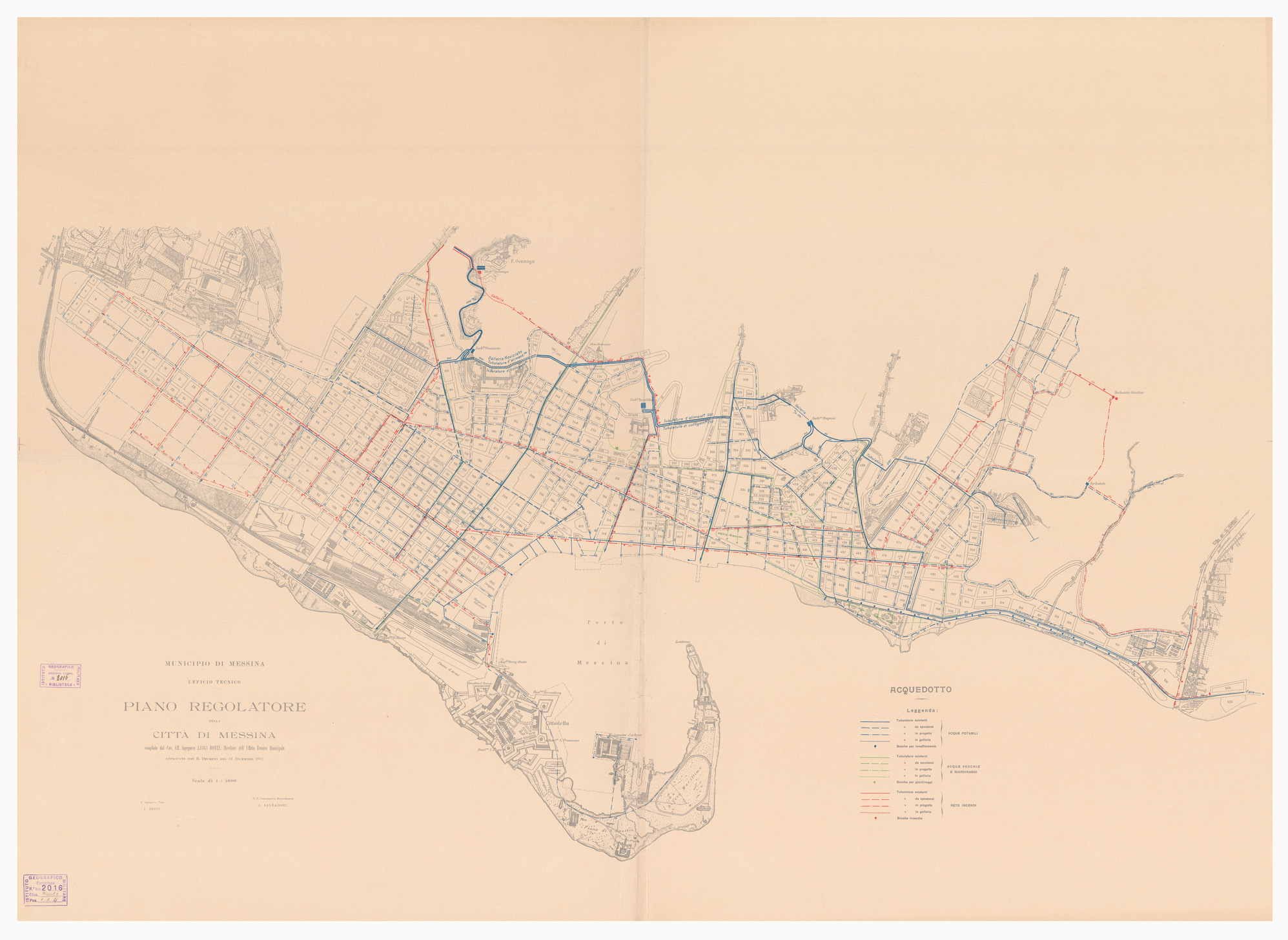 (N:13368) PIANO REGOLATORE DELLA CITTA' DI MESSINA COMPILATO DAL CAV. UFF. ING. LUIGI BORZI, DIRETTORE DELL'UFFICIO TECNICO MUNICIPALE. APPROVATO CON R. DECRETO DEL 31 DICEMBRE 1911 - ACQUEDOTTO (B0006452) Carte e stampe antiche: riproduzione a colori su carta (formato A1)