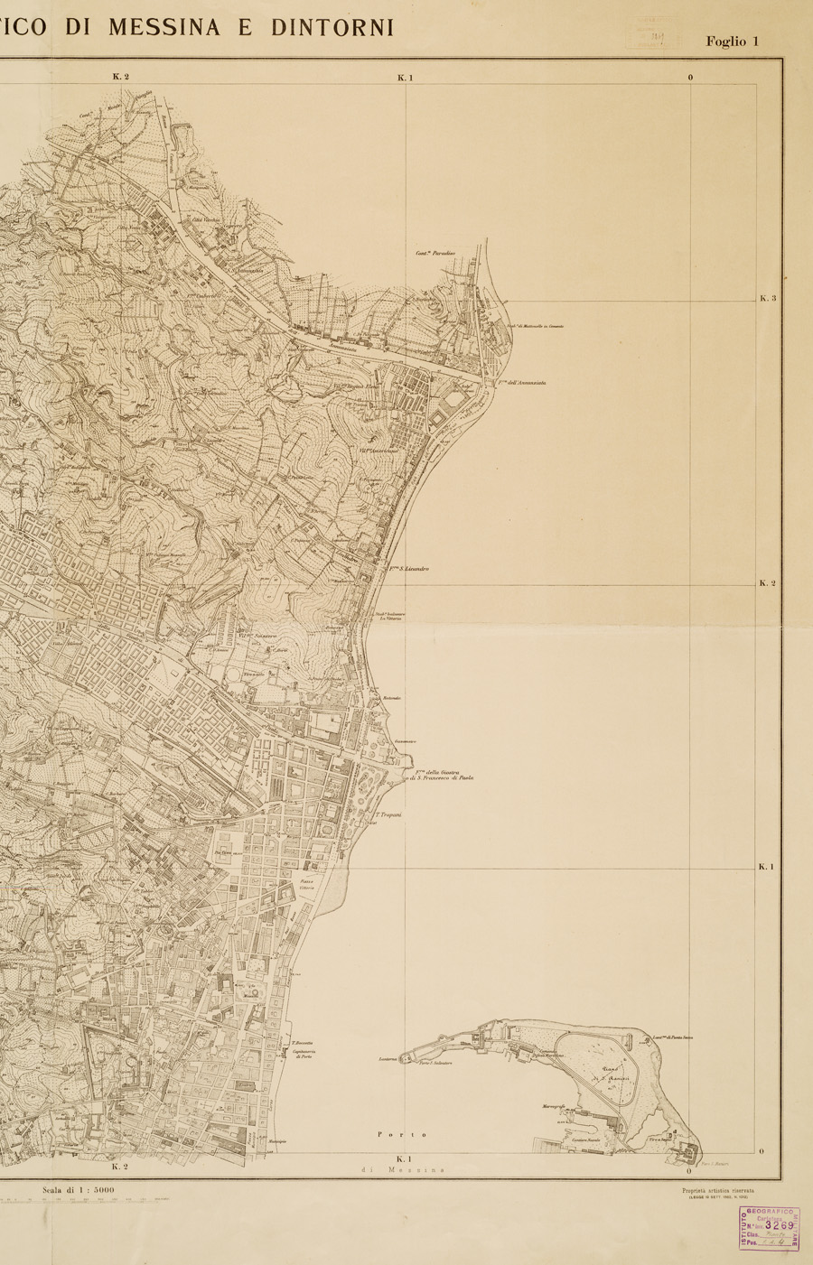 (N:9131) PIANO TOPOGRAFICO DI MESSINA E DINTORNI - Foglio 1 (B0006458, B0006459, B6458-59) Carte e stampe antiche: riproduzione a colori su carta (formato A1)