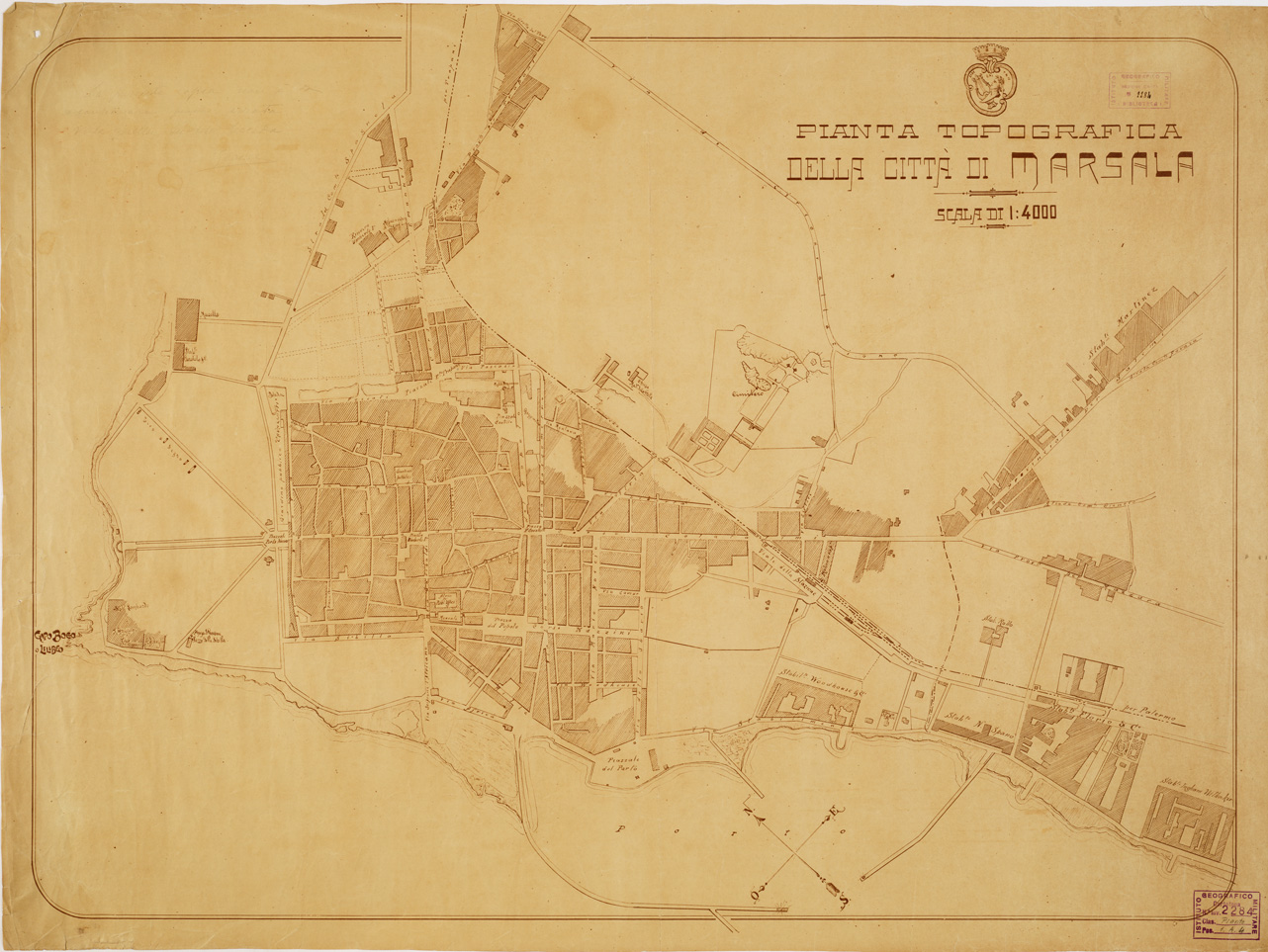 (N:14000) PIANTA TOPOGRAFICA DELLA CITTA' DI MARSALA (B0006464) Carte e stampe antiche: riproduzione a colori su carta (formato A1)