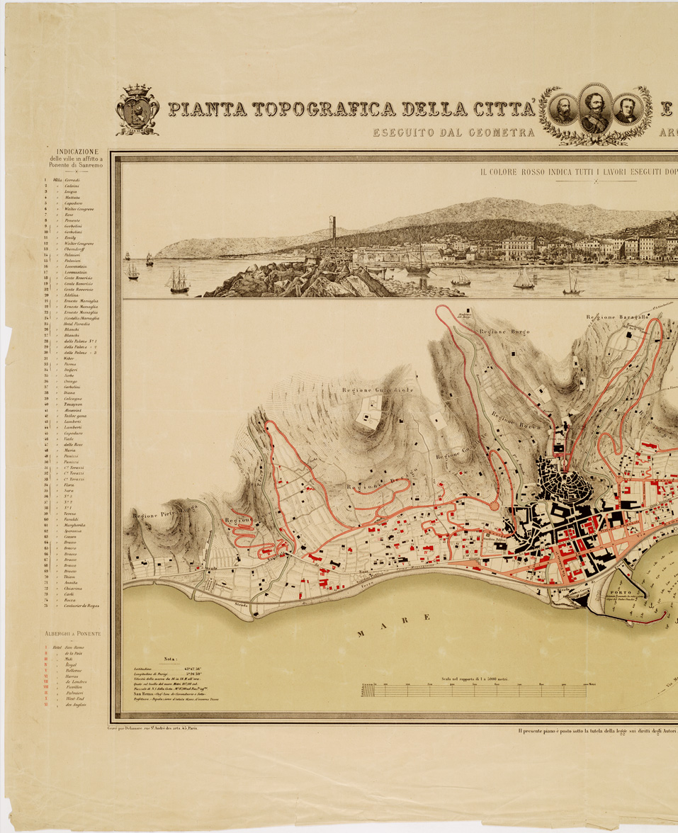 (N:14014) PIANTA TOPOGRAFICA DELLA CITTA' E DEI DINTORNI DI SAN REMO, 1882 ESEGUITO DAL GEOMETRA ARCHITETTO A. CANTU' (B0006648, B0006649, B6648-49) Carte e stampe antiche: riproduzione a colori su carta (formato A1)