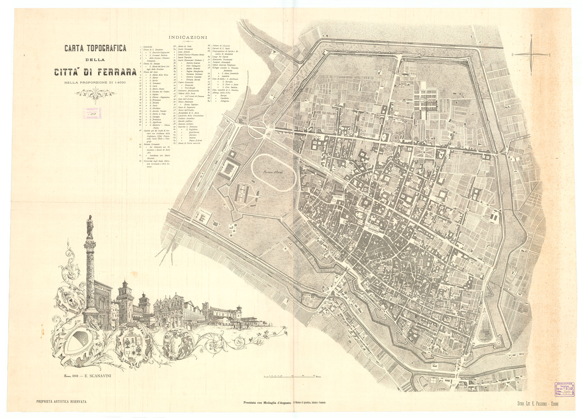 (N:7540) CARTA TOPOGRAFICA DELLA CITTA' DI FERRARA (B0006731) Carte e stampe antiche: riproduzione a colori su carta (formato A1)