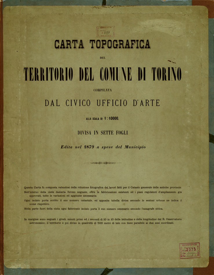(N:6669) CARTA TOPOGRAFICA DEL TERRITORIO DEL COMUNE DI TORINO... - Frontespizio. (B0006767) Carte e stampe antiche: riproduzione a colori su carta (formato A1)