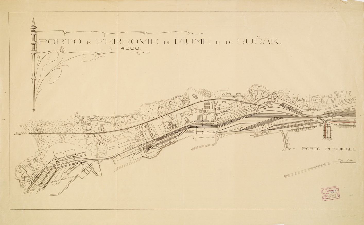 (N:14144) PORTO E FERROVIE DI FIUME E DI SUSAK (B0006797) Carte e stampe antiche: riproduzione a colori su carta (formato A1)
