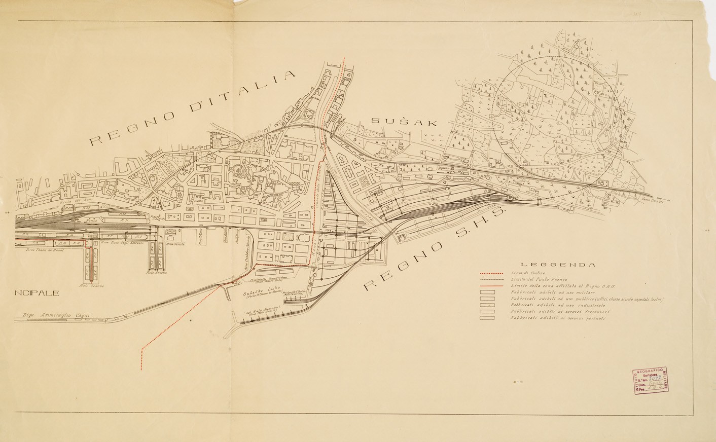 (N:14145) PORTO E FERROVIE DI FIUME E DI SUSAK (B0006798) Carte e stampe antiche: riproduzione a colori su carta (formato A1)