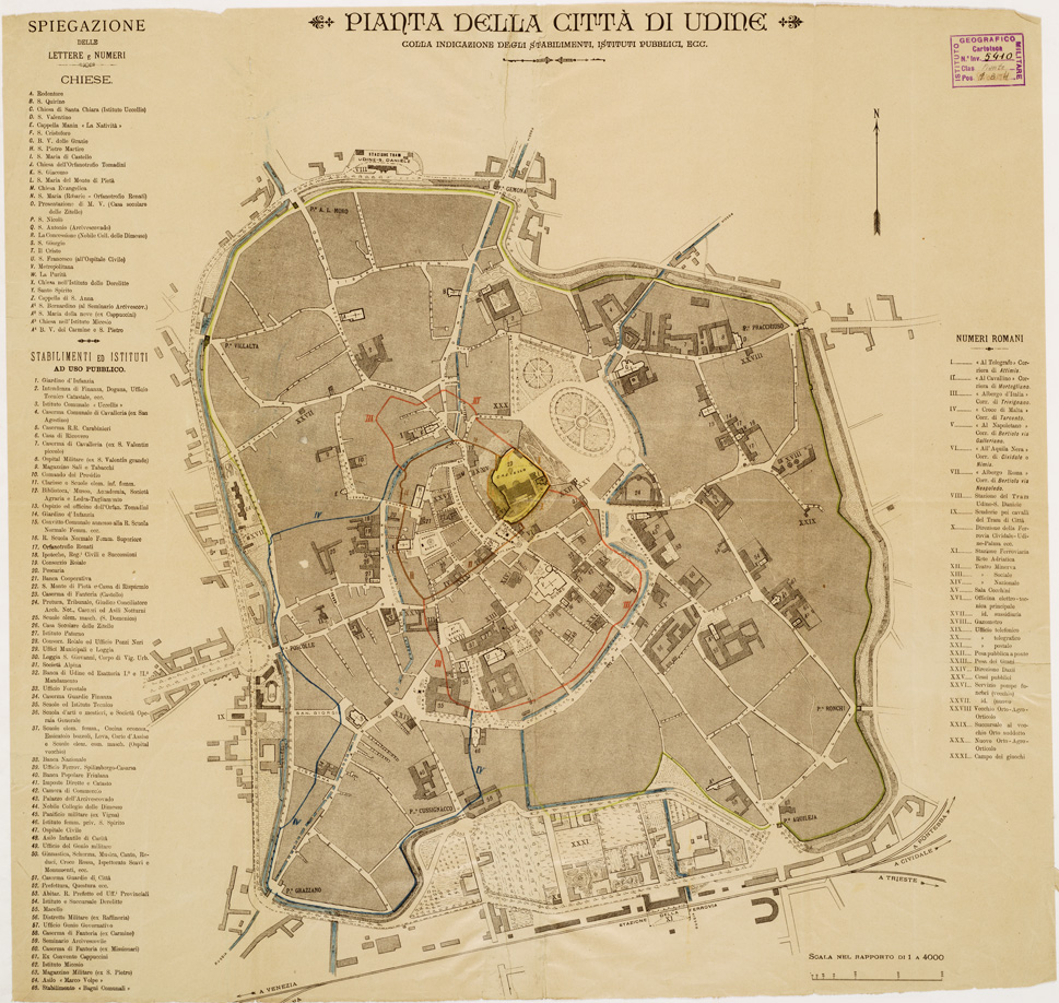 (N:13800) PIANTA DELLA CITTA' DI UDINE COLLA INDICAZIONE DEGLI STABILIMENTI, ISTITUTI PUBBLICI ECC. (B0006870) Carte e stampe antiche: riproduzione a colori su carta (formato A1)