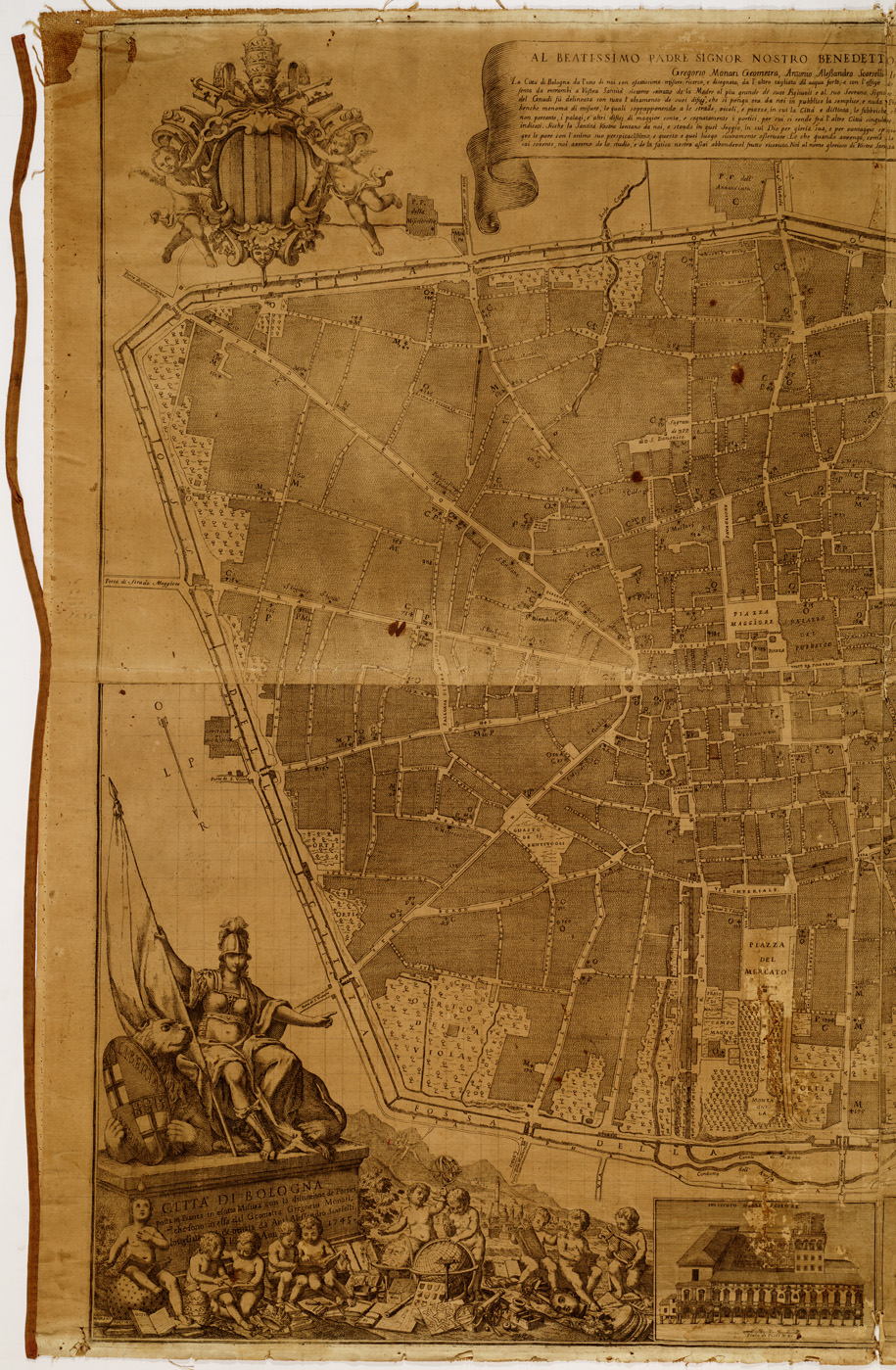 (N:8737) CITTA' DI BOLOGNA POSTA IN PIANTA IN ESATTA MISURA CON LA DISTINZIONE DE PORTICI CHE SONO IN ESSA DAL GEOMETRA GREGORIO MONARI INTAGLIATA & ORNATA DA ANT. ALESSANDRO SCARSELLI L'ANNO 1745.
 (B0006895, B0006896, B6895-96) Carte e stampe antiche: riproduzione a colori su carta (formato A1)