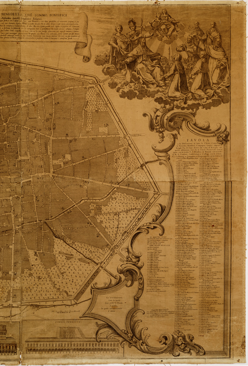 (N:8737) CITTA' DI BOLOGNA POSTA IN PIANTA IN ESATTA MISURA CON LA DISTINZIONE DE PORTICI CHE SONO IN ESSA DAL GEOMETRA GREGORIO MONARI INTAGLIATA & ORNATA DA ANT. ALESSANDRO SCARSELLI L'ANNO 1745.
 (B0006895, B0006896, B6895-96) Carte e stampe antiche: riproduzione a colori su carta (formato A1)
