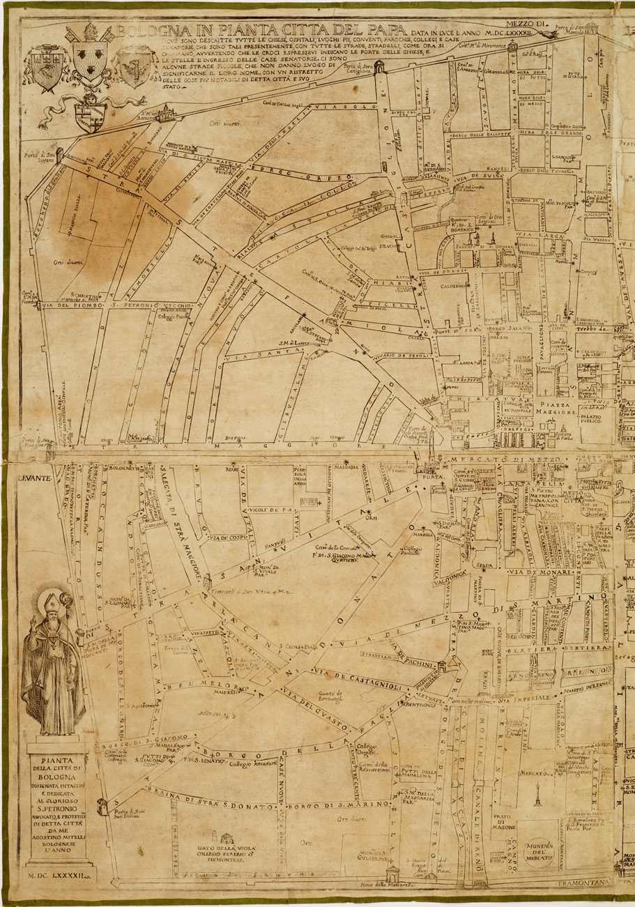 (N:416) BOLOGNA IN PIANTA CITTA' DEL PAPA DATA IN LUCE L'ANNO M.D.C.L.X.X.X.X.II DOVE SONO DESCRITTE TUTTE LE CHIESE, OSPITALI, LUOGHI PII, ECC. (B0006902, B0006903, B6902-03) Carte e stampe antiche: riproduzione a colori su carta (formato A1)
