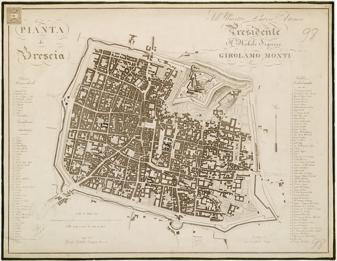 (N:13876) PIANTA DI BRESCIA ALL'ILLUSTRE PATRIO ATENEO PRESIDENTE IL NOBILE SIGNORE GIROLAMO MONTI. (B0006910) Carte e stampe antiche: riproduzione a colori su carta (formato A1)
