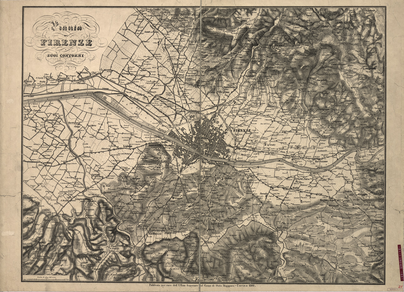 (N:13885) PIANTA DI FIRENZE E SUOI CONTORNI (B0007070) Carte e stampe antiche: riproduzione a colori su carta (formato A1)