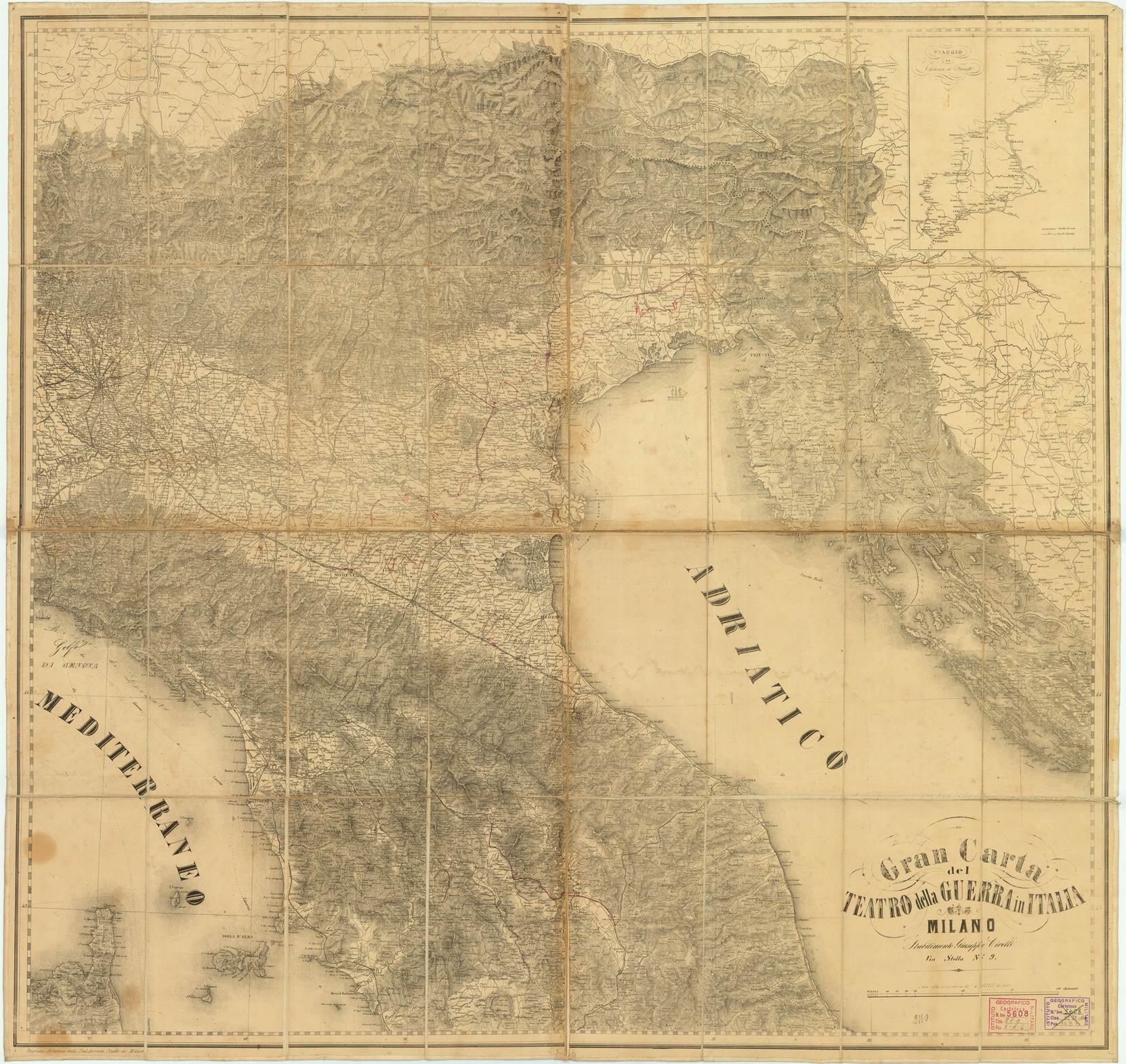(N:10451) GRAN CARTA DEL TEATRO DELLA GUERRA IN ITALIA MILANO, STABILIMENTO GIUSEPPE CIVELLI (B0007229) Carte e stampe antiche: riproduzione a colori su carta (formato A1)