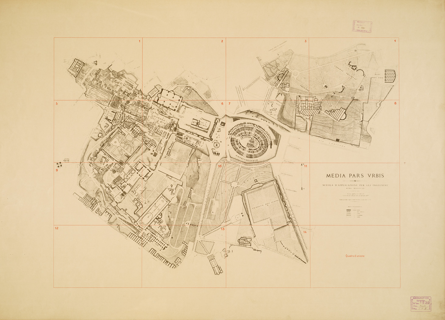 (N:12654) MEDIA PARS URBIS. R. ACCADEMIA DEI LINCEI. PROF. VINCENZO REINA... - (ROMA) - Quadro d'unione (B0007279) Carte e stampe antiche: riproduzione a colori su carta (formato A1)