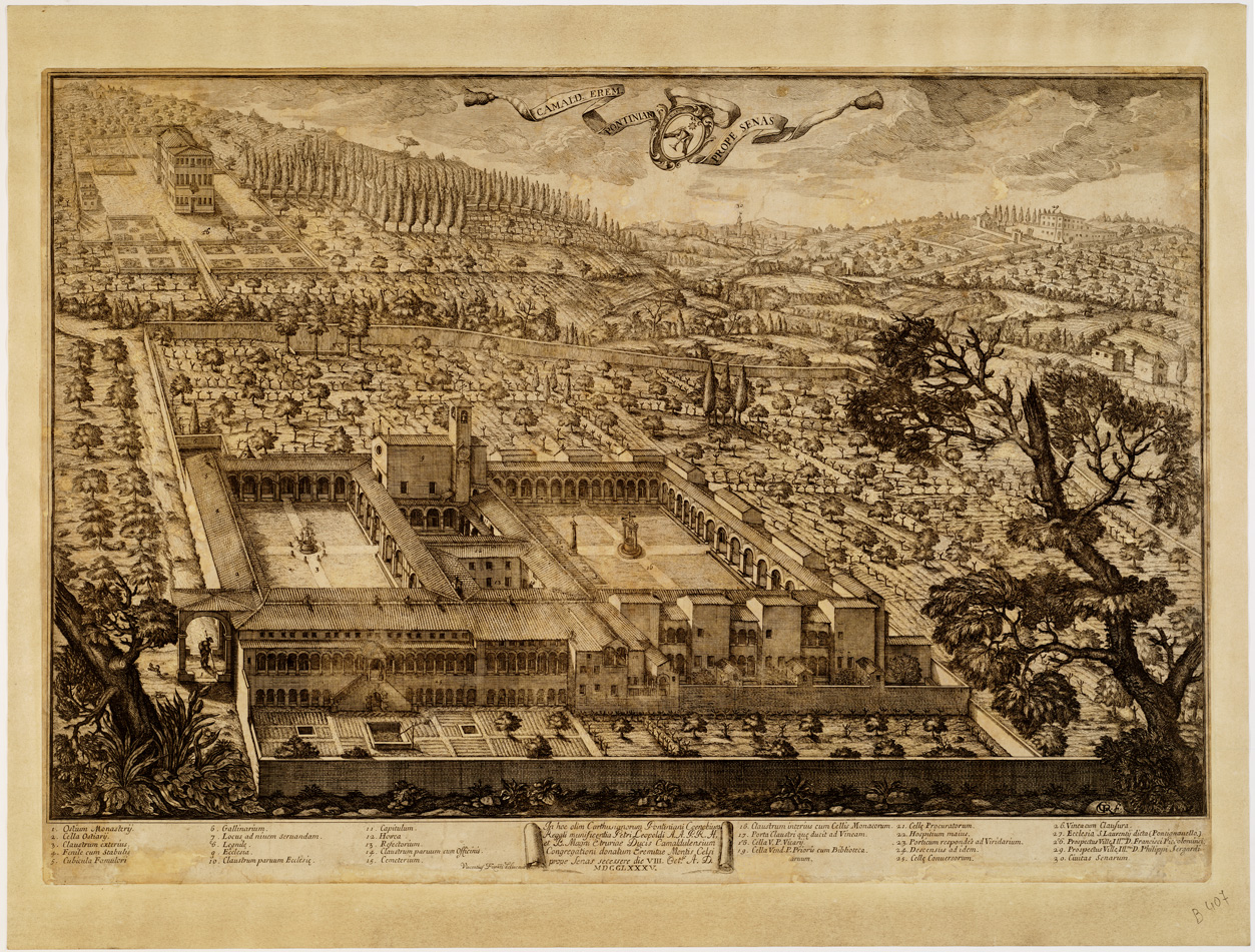 (N:473) CAMALDOLI EREMO PONTINIANI PROPE SENAS VINCENTIUS FERATI DELINEAUIT (B0007317) Carte e stampe antiche: riproduzione a colori su carta (formato A1)